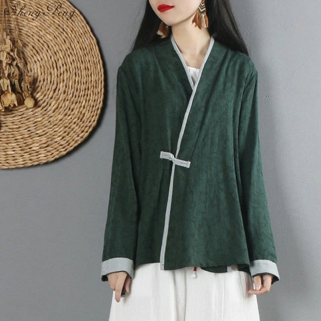 Traditional chinese shirt blouse women female oriental cheongsam top cardigan linen Chinese tradtional clothing V1476