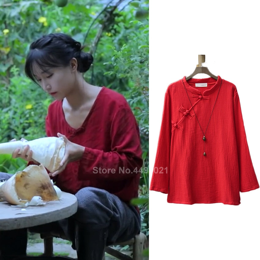 Liziqi Traditional Chinese Tops Trousers Cotton Linen Ancient Tang Suit Hanfu T-shirt Casual Full Sleeve Breathable Clothing