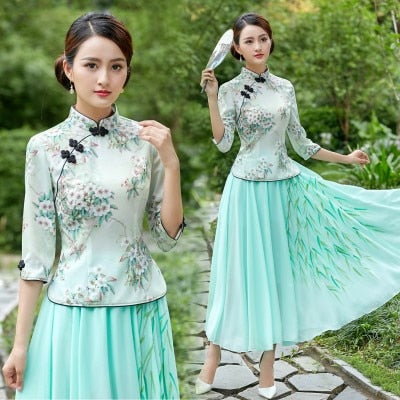 SHENG COCO Satin Silk China Shirts Cheongsam Style Traditional Chinese Clothing For Women Printing Qipao Tops Vetement Female