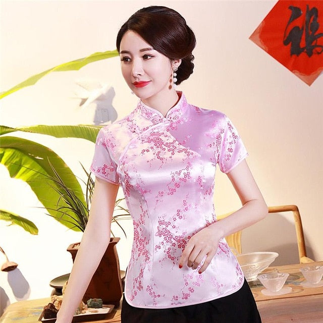 Vintage Flower Women Chinese Traditional Satin Blouse Summer Sexy Shirt Novelty Dragon Clothing Tops Plus Size 3XL 4XL WS009