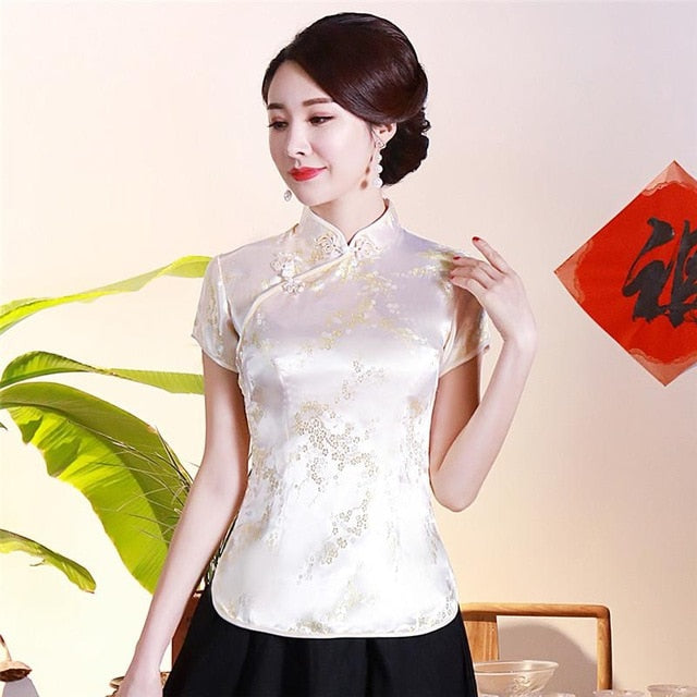 Vintage Flower Women Chinese Traditional Satin Blouse Summer Sexy Shirt Novelty Dragon Clothing Tops Plus Size 3XL 4XL WS009