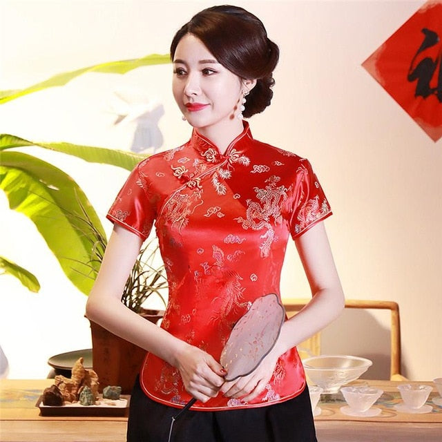 Vintage Flower Women Chinese Traditional Satin Blouse Summer Sexy Shirt Novelty Dragon Clothing Tops Plus Size 3XL 4XL WS009