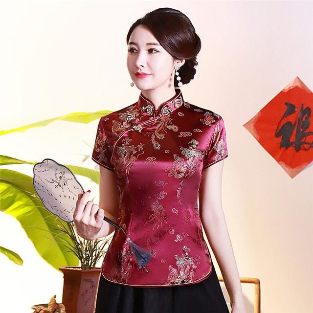 Vintage Flower Women Chinese Traditional Satin Blouse Summer Sexy Shirt Novelty Dragon Clothing Tops Plus Size 3XL 4XL WS009
