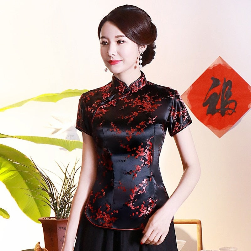 Vintage Flower Women Chinese Traditional Satin Blouse Summer Sexy Shirt Novelty Dragon Clothing Tops Plus Size 3XL 4XL