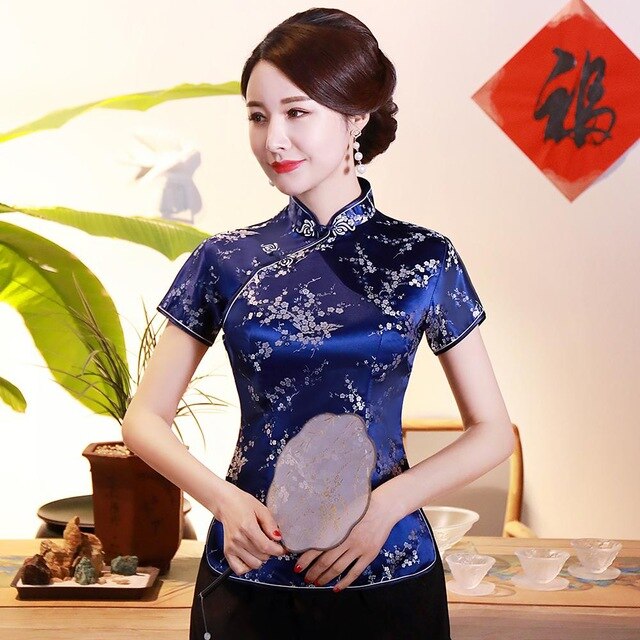 Vintage Flower Women Chinese Traditional Satin Blouse Summer Sexy Shirt Novelty Dragon Clothing Tops Plus Size 3XL 4XL