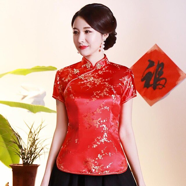 Vintage Flower Women Chinese Traditional Satin Blouse Summer Sexy Shirt Novelty Dragon Clothing Tops Plus Size 3XL 4XL