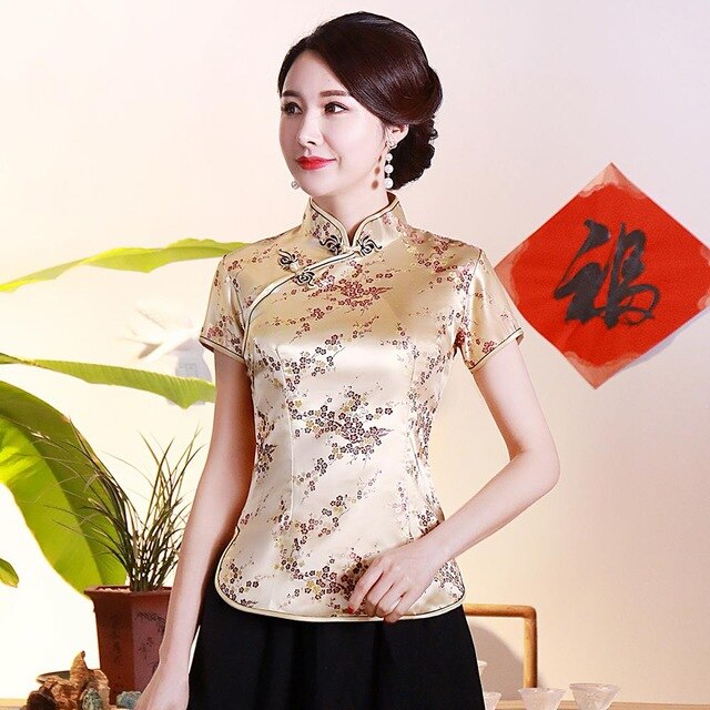 Vintage Flower Women Chinese Traditional Satin Blouse Summer Sexy Shirt Novelty Dragon Clothing Tops Plus Size 3XL 4XL