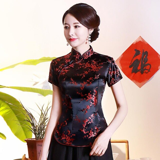 Vintage Flower Women Chinese Traditional Satin Blouse Summer Sexy Shirt Novelty Dragon Clothing Tops Plus Size 3XL 4XL