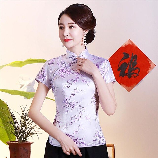 Vintage Flower Women Chinese Traditional Satin Blouse Summer Sexy Shirt Novelty Dragon Clothing Tops Plus Size 3XL 4XL