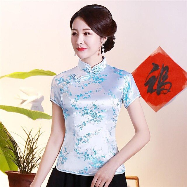 Vintage Flower Women Chinese Traditional Satin Blouse Summer Sexy Shirt Novelty Dragon Clothing Tops Plus Size 3XL 4XL