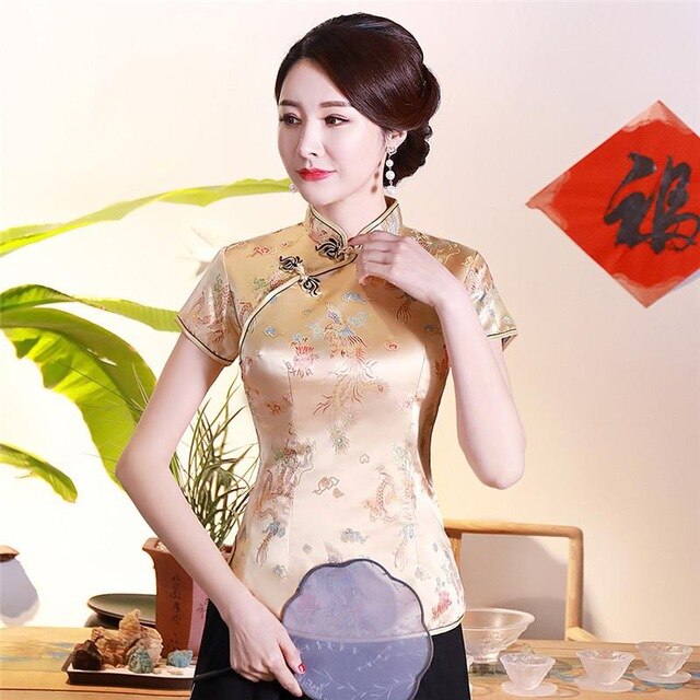 Vintage Flower Women Chinese Traditional Satin Blouse Summer Sexy Shirt Novelty Dragon Clothing Tops Plus Size 3XL 4XL