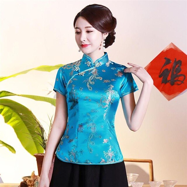 Vintage Flower Women Chinese Traditional Satin Blouse Summer Sexy Shirt Novelty Dragon Clothing Tops Plus Size 3XL 4XL