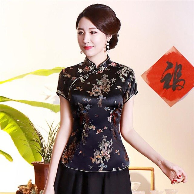 Vintage Flower Women Chinese Traditional Satin Blouse Summer Sexy Shirt Novelty Dragon Clothing Tops Plus Size 3XL 4XL