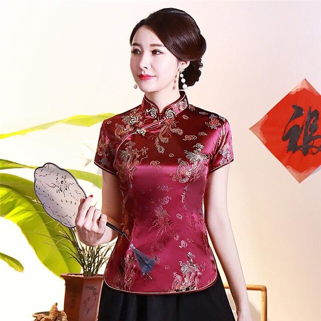Vintage Flower Women Chinese Traditional Satin Blouse Summer Sexy Shirt Novelty Dragon Clothing Tops Plus Size 3XL 4XL