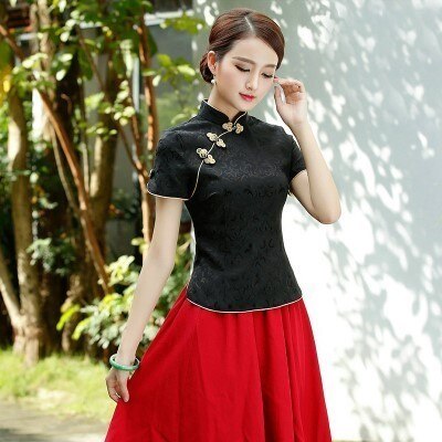 Sheng Coco Black China Blouse Women Traditional Chinese Shirt Clothing Chinese Jacquard Cotton Cheongsam Shirt Flower Buckle Top