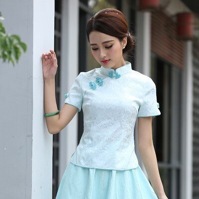 Sheng Coco Black China Blouse Women Traditional Chinese Shirt Clothing Chinese Jacquard Cotton Cheongsam Shirt Flower Buckle Top