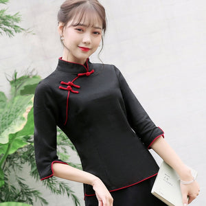 2020 Vintage Cheongsam Top Traditional Chinese Clothing Women Tang Tops Long Sleeve Tops Summer Cotton Linen Chinese Shirts