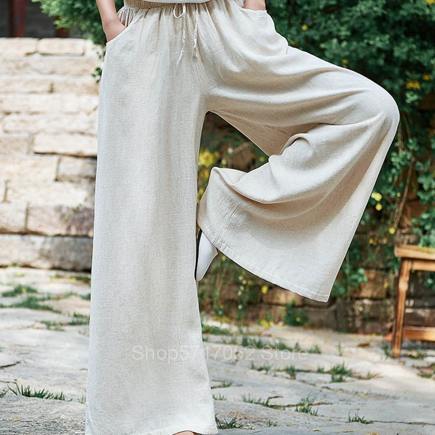 Chinese Pants Kung Fu Cotton Tai Chi Traditional Clothing Women Tang Suit Loose Pants Linen Soft Uniform Pocket Top Yoga Hanfu