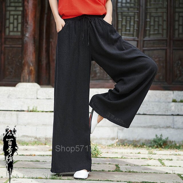 Chinese Pants Kung Fu Cotton Tai Chi Traditional Clothing Women Tang Suit Loose Pants Linen Soft Uniform Pocket Top Yoga Hanfu