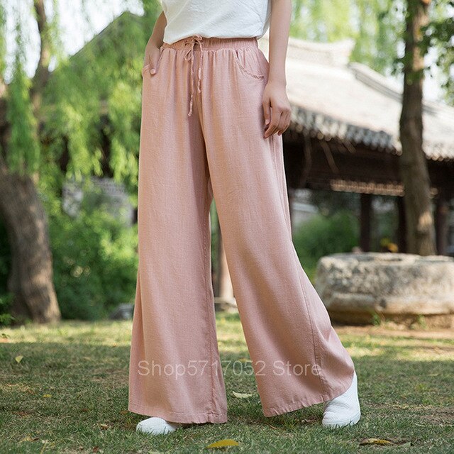 Chinese Pants Kung Fu Cotton Tai Chi Traditional Clothing Women Tang Suit Loose Pants Linen Soft Uniform Pocket Top Yoga Hanfu