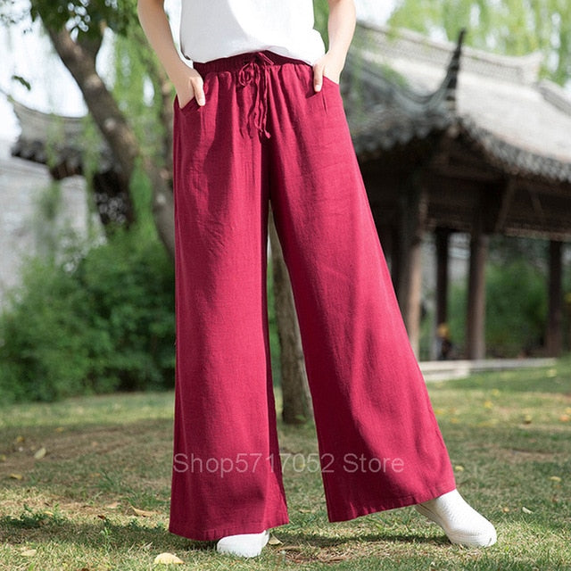 Chinese Pants Kung Fu Cotton Tai Chi Traditional Clothing Women Tang Suit Loose Pants Linen Soft Uniform Pocket Top Yoga Hanfu