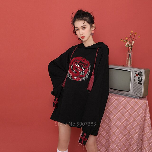 Chinese Traditional Clothing Tang Suit Top for Women Fashion Long Hooded Sweater Gothic Red Dragon Embroidery Black Tassel Top