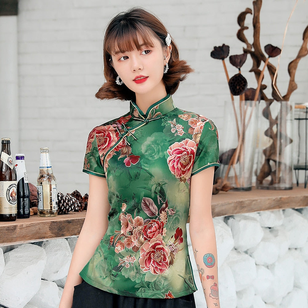 Traditional Chinese Print Flower Women Tang Coat Tops Sexy Slim Shirt Soft Green Satin Blouse Vintage Classic Clothing Plus Size
