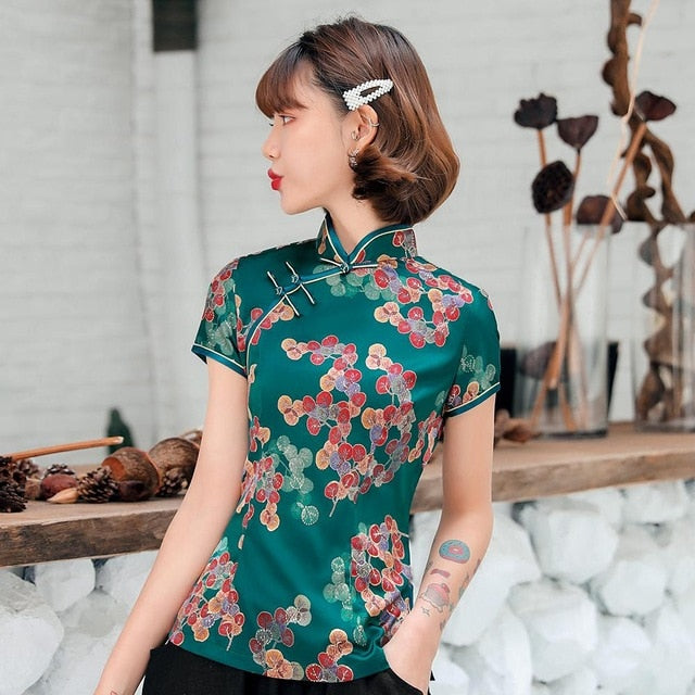 Traditional Chinese Print Flower Women Tang Coat Tops Sexy Slim Shirt Soft Green Satin Blouse Vintage Classic Clothing Plus Size