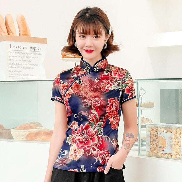 Traditional Chinese Print Flower Women Tang Coat Tops Sexy Slim Shirt Soft Green Satin Blouse Vintage Classic Clothing Plus Size