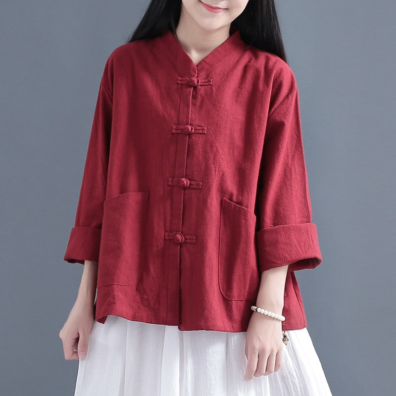 Traditional Chinese Clothing For Women Blouse Stand Collar Chinese Mandarin Jacket Linen Pocket Shirt Ladies Chinese Tops FF2466