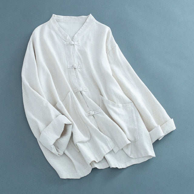 Traditional Chinese Clothing For Women Blouse Stand Collar Chinese Mandarin Jacket Linen Pocket Shirt Ladies Chinese Tops FF2466