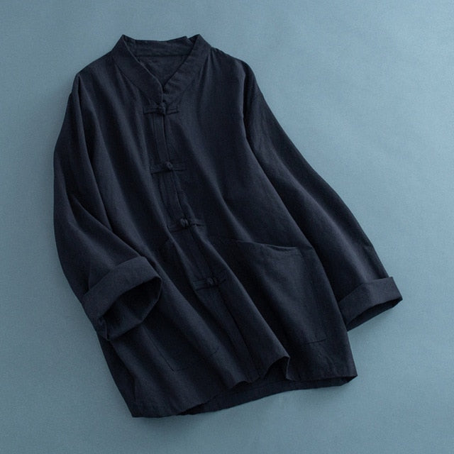 Traditional Chinese Clothing For Women Blouse Stand Collar Chinese Mandarin Jacket Linen Pocket Shirt Ladies Chinese Tops FF2466