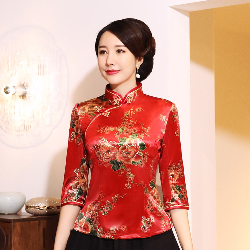 Vintage Blouse Velvet Women Oriental Tops Retro Mandarin Collar Coat Red Floral Shirt Traditional Chinese Tang Clothing