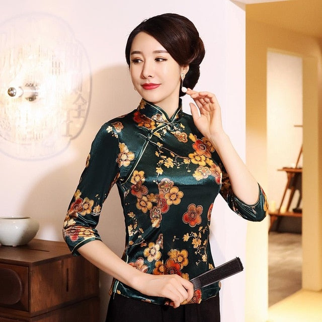 Vintage Blouse Velvet Women Oriental Tops Retro Mandarin Collar Coat Red Floral Shirt Traditional Chinese Tang Clothing