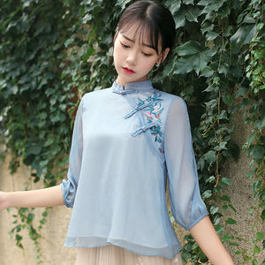 2020 Summer Chinese Traditional Cheongsam Tops for Women Silk Chiffon Blouse Mesh Lace Silkqueen China Clothing Qipao Top Shirt