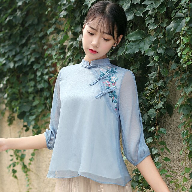 2020 Summer Chinese Traditional Cheongsam Tops for Women Silk Chiffon Blouse Mesh Lace Silkqueen China Clothing Qipao Top Shirt