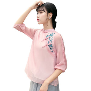 2020 Summer Chinese Traditional Cheongsam Tops for Women Silk Chiffon Blouse Mesh Lace Silkqueen China Clothing Qipao Top Shirt