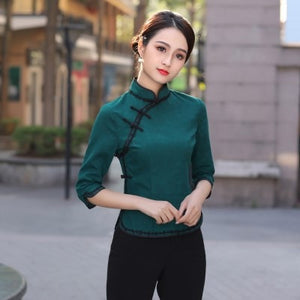 Sheng Coco S-4XL Plus Size Traditional Chinese Clothing Cheongsam Shirts Navy Blue Woman Cheongsam Blouse Cotton Qipao Tops