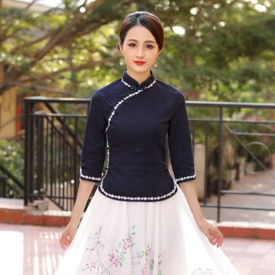 Sheng Coco S-4XL Plus Size Traditional Chinese Clothing Cheongsam Shirts Navy Blue Woman Cheongsam Blouse Cotton Qipao Tops