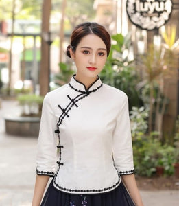 Sheng Coco S-4XL Plus Size Traditional Chinese Clothing Cheongsam Shirts Navy Blue Woman Cheongsam Blouse Cotton Qipao Tops