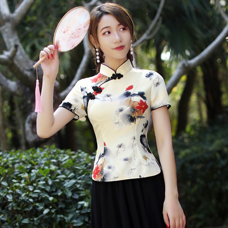 SHENG COCO Traditional Chinese Shirts Women Chinese Clothing Flower Printing Qipao Tops Slim Satin Chinese Shirt S-4XL Plus Size
