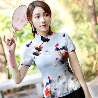 SHENG COCO Traditional Chinese Shirts Women Chinese Clothing Flower Printing Qipao Tops Slim Satin Chinese Shirt S-4XL Plus Size
