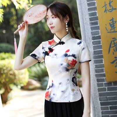 SHENG COCO Traditional Chinese Shirts Women Chinese Clothing Flower Printing Qipao Tops Slim Satin Chinese Shirt S-4XL Plus Size