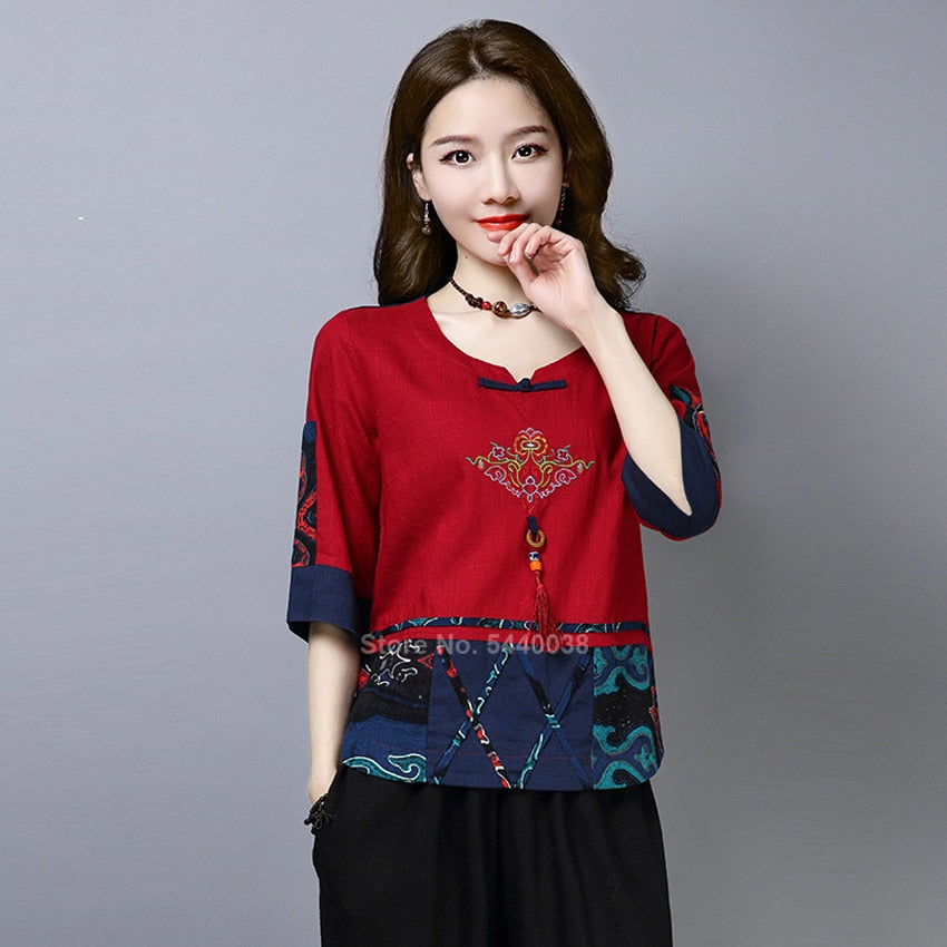 Summer Chinese Traditional Clothing Women Classic Embroidery Tang Suit Qipao Shirts Hanfu Linen Ethnic Vintage Party Chinese Top