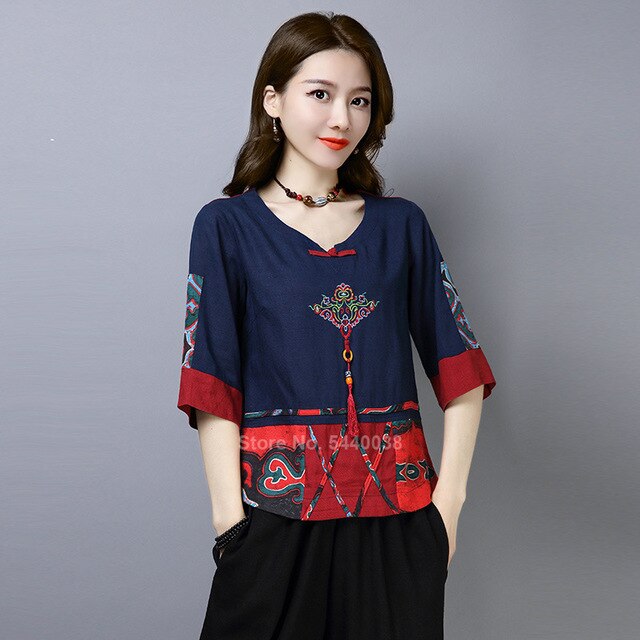 Summer Chinese Traditional Clothing Women Classic Embroidery Tang Suit Qipao Shirts Hanfu Linen Ethnic Vintage Party Chinese Top