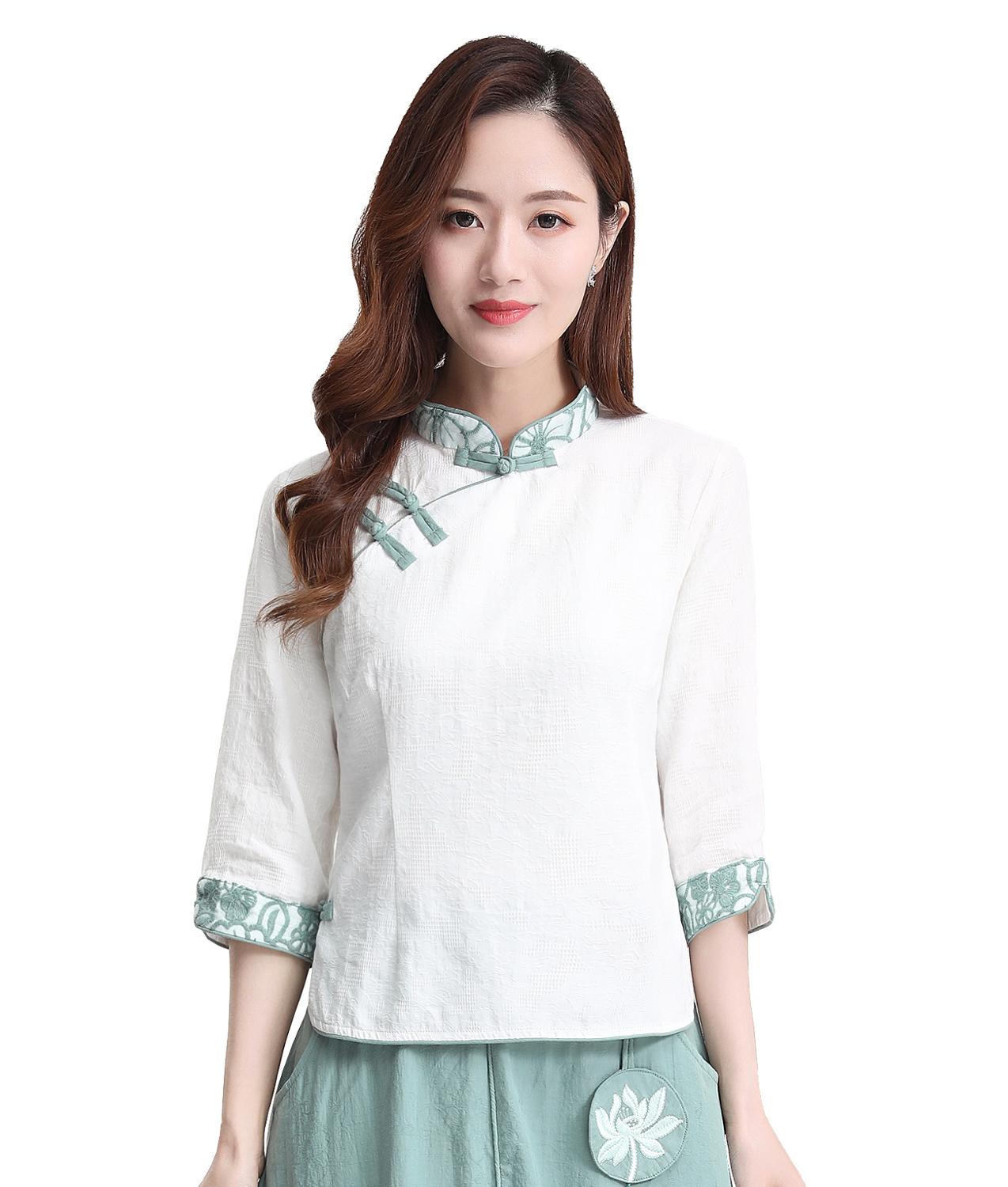Shanghai Story 3/4 Sleeve chinese Traditional Clothing Women's Chinese Top Blend Linen Blouse Chinese White Qipao Shirt
