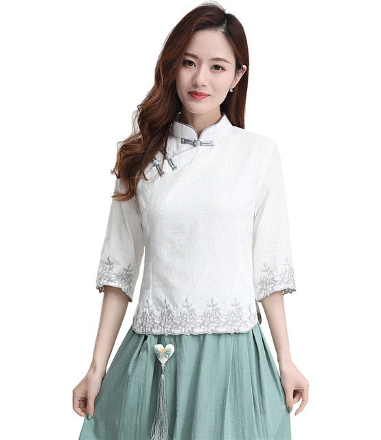 Shanghai Story 3/4 Sleeve chinese Traditional Clothing Women's Chinese Top Blend Linen Blouse Chinese White Qipao Shirt