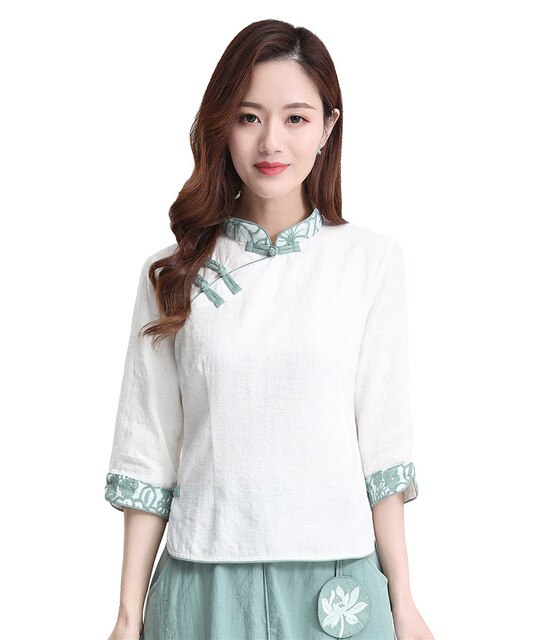 Shanghai Story 3/4 Sleeve chinese Traditional Clothing Women's Chinese Top Blend Linen Blouse Chinese White Qipao Shirt
