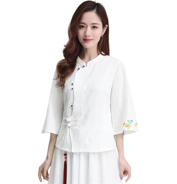 Shanghai Story 3/4 Sleeve chinese Traditional Clothing Women's Chinese Top Blend Linen Blouse Chinese White Qipao Shirt