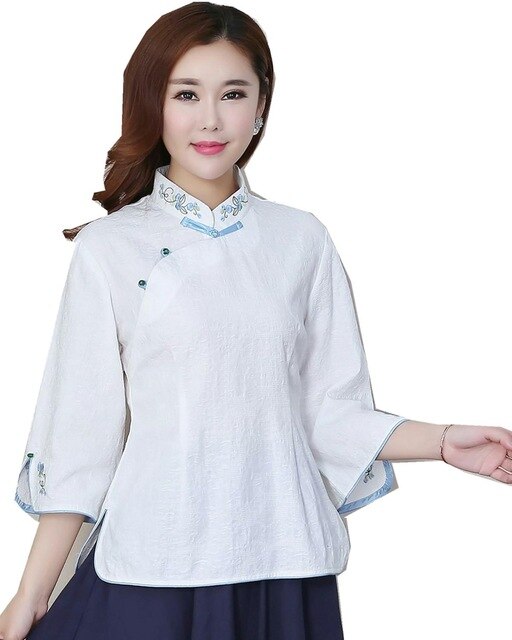 Shanghai Story 3/4 Sleeve chinese Traditional Clothing Women's Chinese Top Blend Linen Blouse Chinese White Qipao Shirt